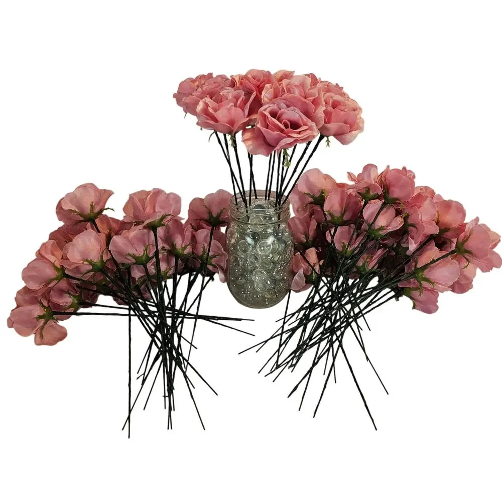 Pink Satin Open Rose Stems Artificial Flowers Wedding Craft 2.5